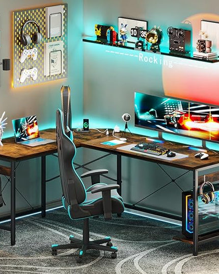 Coleshome 59" L Shaped Gaming Desk with Outlet, L Shaped Desk with CPU Stand, Corner Computer Desk, Home Office Desk, Writing Desk, Vintage - LeafyLoom