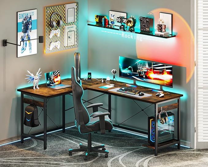Coleshome 59" L Shaped Gaming Desk with Outlet, L Shaped Desk with CPU Stand, Corner Computer Desk, Home Office Desk, Writing Desk, Vintage - LeafyLoom