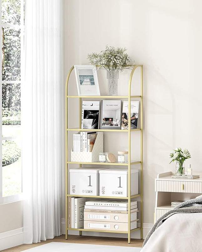 Bookcase Bookshelf, Tempered Glass Arched Bookshelf for More Storage, Slim Shelving Unit for Bedroom, Bathroom, Home Office, Steel Frame, Wide 5 Tier Gold BC22599G - LeafyLoom