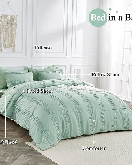ENJOHOS Queen Comforter Set 7 Piece - Sage Green Comforters Queen Size, Queen Bed in a Bag Set, Boho Tufted Bedding Comforter Set with Pom Pom Design, Lightweight Soft Microfiber Comforter Bed Set - LeafyLoom