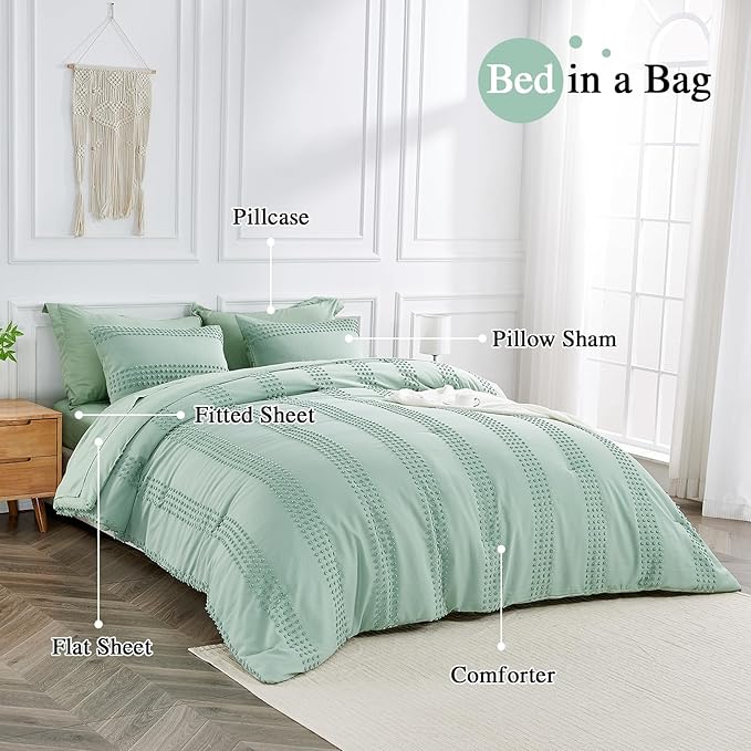 ENJOHOS Queen Comforter Set 7 Piece - Sage Green Comforters Queen Size, Queen Bed in a Bag Set, Boho Tufted Bedding Comforter Set with Pom Pom Design, Lightweight Soft Microfiber Comforter Bed Set - LeafyLoom