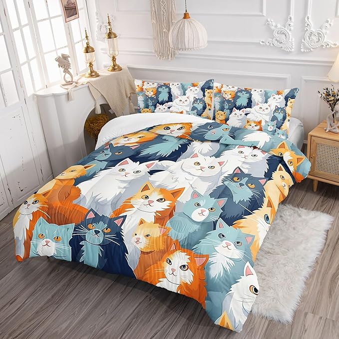 Datura home Kids Comforter Set Cute Cats Printed Pattern Bedding Set with 1 Comforter and 2 Pillowcases for Girls Boys Bedroom All Season(Cat Queen) - LeafyLoom