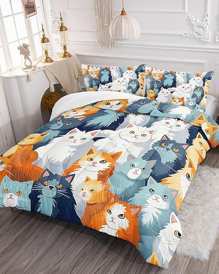 Datura home Kids Comforter Set Cute Cats Printed Pattern Bedding Set with 1 Comforter and 2 Pillowcases for Girls Boys Bedroom All Season(Cat Full) - LeafyLoom