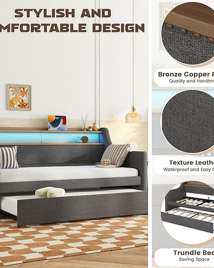 Twin Size Upholstered Daybed with Trundle, Twin Linen Sofa Bed Daybed with Charging Station and LED Lights, Day Bed Frame w/Headboard & Wood Slat Support for Bedroom, Living Room, Gray - LeafyLoom