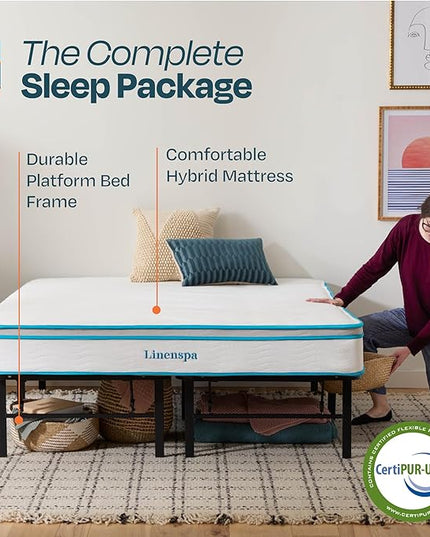 Linenspa 8” Memory Foam and Innerspring Hybrid Mattress + 14” Black Metal Platform Bedframe – Queen Mattress + Metal Folding Queen Bedframe - LeafyLoom