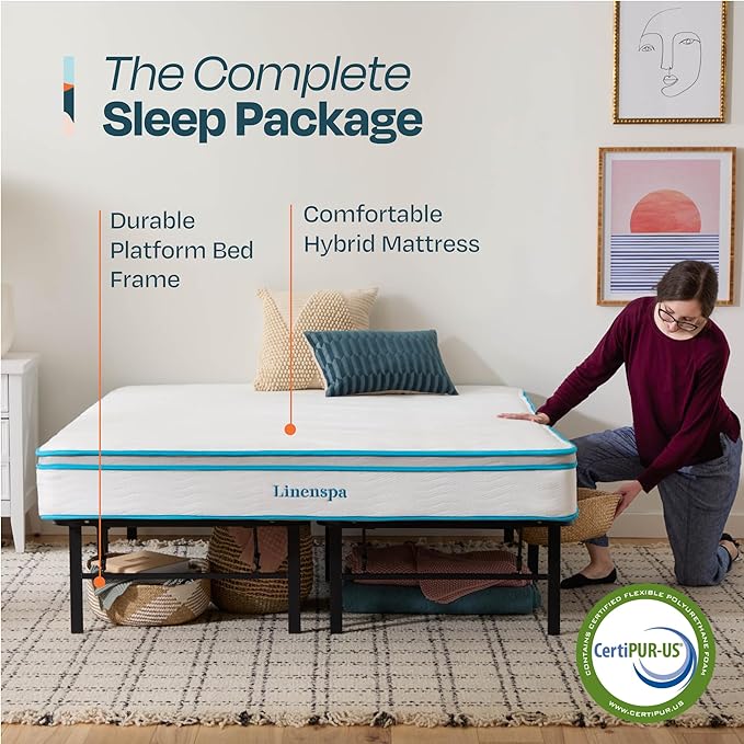 Linenspa 8” Memory Foam and Innerspring Hybrid Mattress + 14” Black Metal Platform Bedframe – Queen Mattress + Metal Folding Queen Bedframe - LeafyLoom