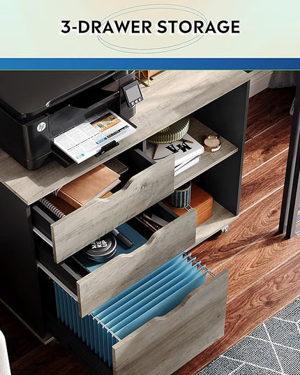 DEVAISE 3-Drawer Wood File Cabinet, Mobile Lateral Filing Cabinet, Printer Stand with Open Storage Shelves for Home Office, Greige - LeafyLoom