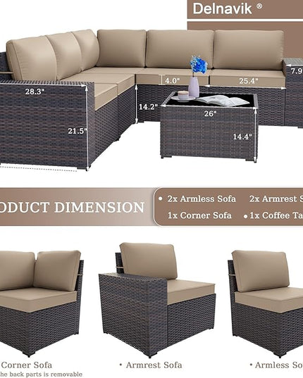 Patio Furniture Set Sofa 6-Piece Wicker Sectional Sofa Set, Outdoor Furniture Rattan Patio Sofa Conversation Set with Thickened Cushions and Glass Coffee Table, Sand - LeafyLoom