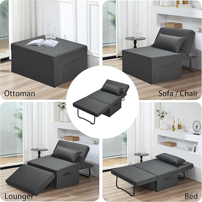 Sofa Bed, 4 in 1 Multi-Function Folding Ottoman Breathable Linen Couch Bed with Adjustable Backrest Modern Convertible Chair for Living Room Apartment Office,Squared-Linen Dark Grey - LeafyLoom