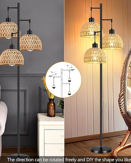 Tree 3-Lights Floor Lamp for Living Room,Bedroom,Rattan Boho Floor Lights,Industrial Black Farmhouse Standing Lamp Wicker Rustic Adjustable Tall Lamp,Woven Bamboo LampShade Floor Lamps Bohemian - LeafyLoom
