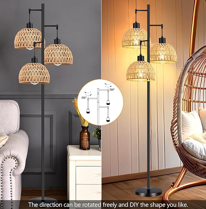 Tree 3-Lights Floor Lamp for Living Room,Bedroom,Rattan Boho Floor Lights,Industrial Black Farmhouse Standing Lamp Wicker Rustic Adjustable Tall Lamp,Woven Bamboo LampShade Floor Lamps Bohemian - LeafyLoom