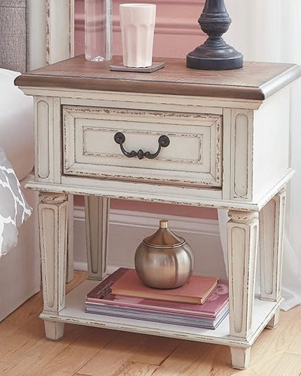 Signature Design by Ashley Realyn Traditional Cottage 1 Drawer Nightstand with Dovetail Construction & Open Display Shelf, Chipped White, Distressed Brown - LeafyLoom