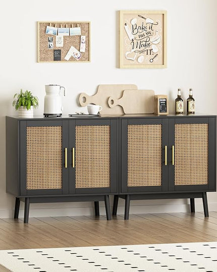 Set of 2 Accent Storage Cabinet with Rattan Decor Doors, Buffet Cabinet with Storage, Sideboard Cabinet for Hallway, Entry, Living Room, Black - LeafyLoom