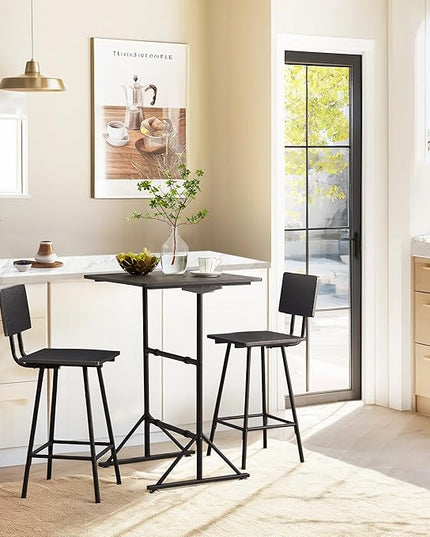 VECELO 3-Piece Bar Table Chairs, Square Counter Height Bistro Dinette Sets with 2 Barstools for Kitchen, Breakfast Nook, Small Spaces, Black - LeafyLoom