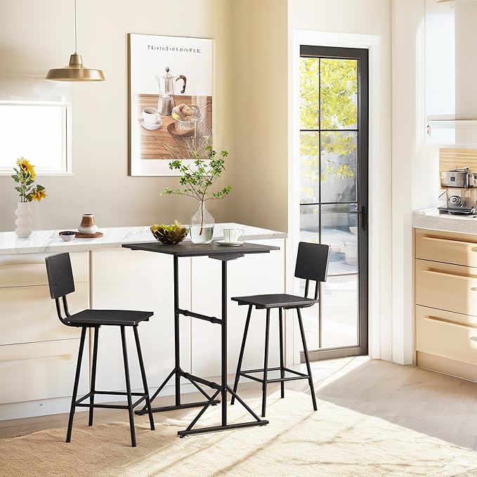 VECELO 3-Piece Bar Table Chairs, Square Counter Height Bistro Dinette Sets with 2 Barstools for Kitchen, Breakfast Nook, Small Spaces, Black - LeafyLoom