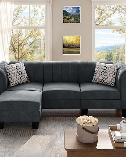 Shintenchi Upgraded Convertible Sectional Sofa Couch, 3 Seat L Shaped Sofa with High Armrest Linen Fabric Small Couch Mid Century for Living Room, Apartment and Office (Dark Grey) - LeafyLoom