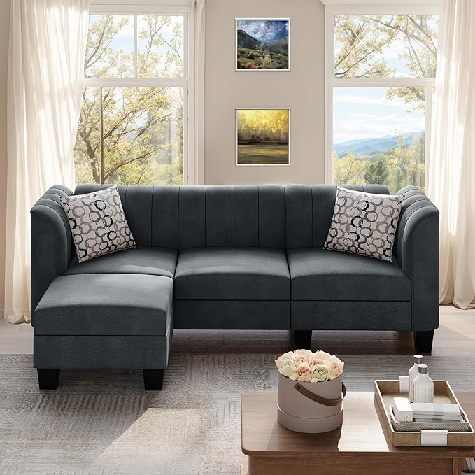 Shintenchi Upgraded Convertible Sectional Sofa Couch, 3 Seat L Shaped Sofa with High Armrest Linen Fabric Small Couch Mid Century for Living Room, Apartment and Office (Dark Grey) - LeafyLoom