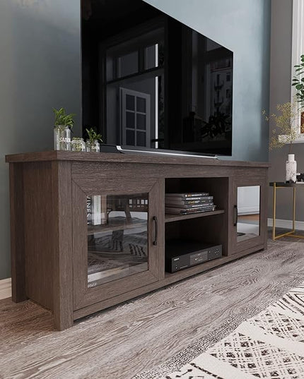 Flash Furniture Sheffield TV Stand up to 80" TVs - Modern Black Wash Finish & Full Glass Doors - 65" Engineered Wood Frame - 3 Height Adjustable Shelves - LeafyLoom