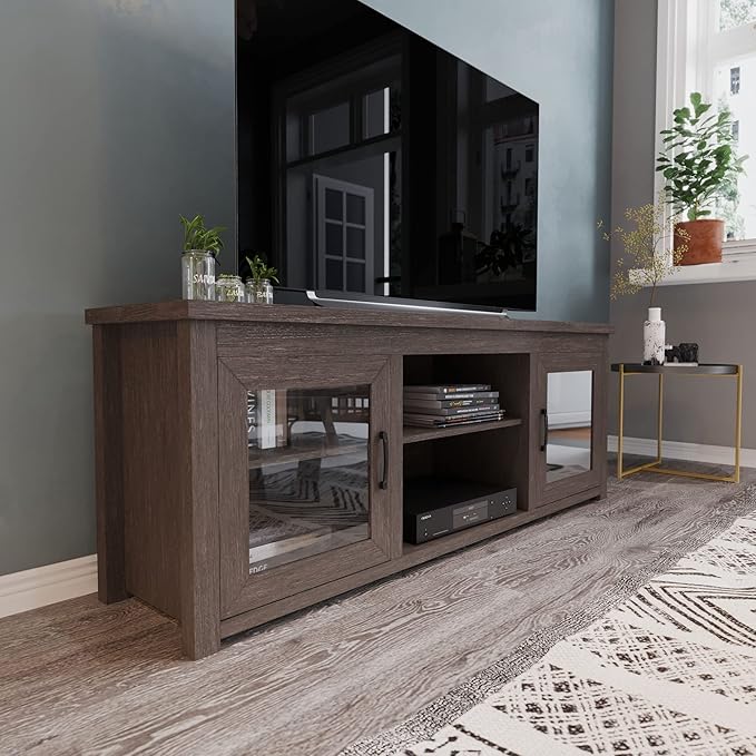 Flash Furniture Sheffield TV Stand up to 80" TVs - Modern Black Wash Finish & Full Glass Doors - 65" Engineered Wood Frame - 3 Height Adjustable Shelves - LeafyLoom
