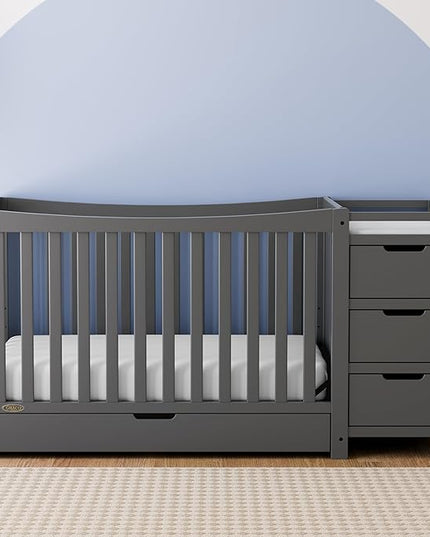 Graco Remi 4-in-1 Convertible Crib & Changer with Drawer (Gray) – GREENGUARD Gold Certified, Crib and Changing -Table Combo, Includes Changing Pad, Converts to Toddler Bed, Daybed and Full-Size Bed - LeafyLoom