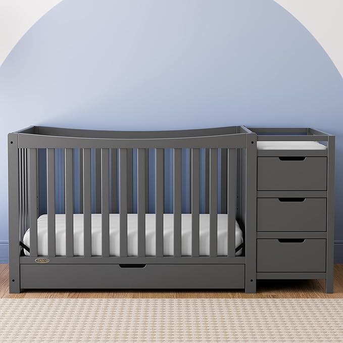 Graco Remi 4-in-1 Convertible Crib & Changer with Drawer (Gray) – GREENGUARD Gold Certified, Crib and Changing -Table Combo, Includes Changing Pad, Converts to Toddler Bed, Daybed and Full-Size Bed - LeafyLoom