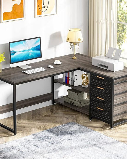 59-Inch L Shaped Desk with Drawers, Large Computer Desk with Storage Shelves, Reversible L-Shaped Corner Desk Workstation for Home Office - LeafyLoom