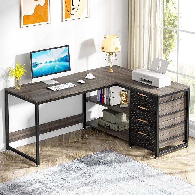 59-Inch L Shaped Desk with Drawers, Large Computer Desk with Storage Shelves, Reversible L-Shaped Corner Desk Workstation for Home Office - LeafyLoom