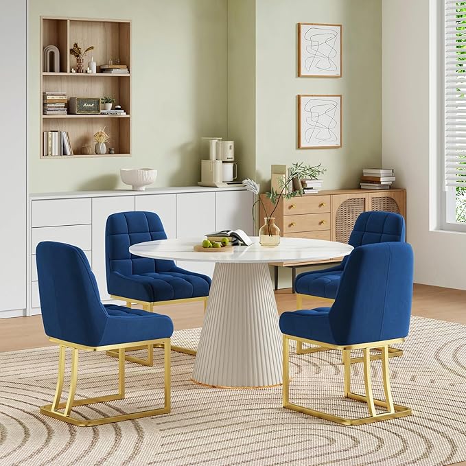 STARY Upholstered Velvet Armless Dining Room Chairs with Gold Metal Legs for Kitchen Restaurant, Blue- Set of 4 - LeafyLoom