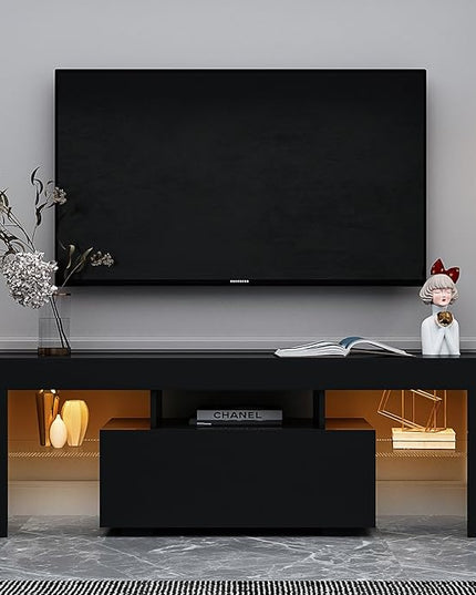 70Inch TV Stand Base, Entertainment Center Cabinet with LED Light Media Console for Living Room, Bedroom, Black-2 - LeafyLoom