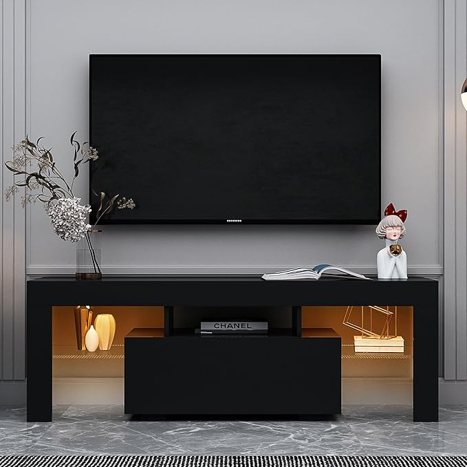 70Inch TV Stand Base, Entertainment Center Cabinet with LED Light Media Console for Living Room, Bedroom, Black-2 - LeafyLoom