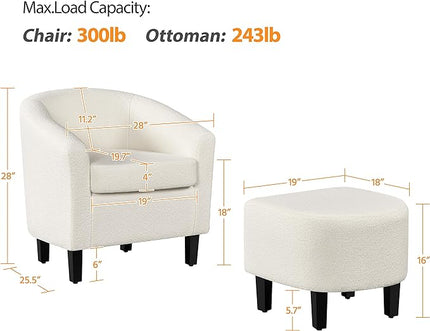Yaheetech Accent Chair and Ottoman Set, Modern Fuzzy Sherpa Barrel Chair and Footrest, Comfy Boucle Armchair and Footstool for Living Room/Bedroom/Reading Room/Guestroom, Ivory - LeafyLoom