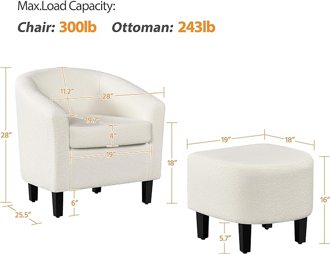 Yaheetech Accent Chair and Ottoman Set, Modern Fuzzy Sherpa Barrel Chair and Footrest, Comfy Boucle Armchair and Footstool for Living Room/Bedroom/Reading Room/Guestroom, Ivory - LeafyLoom