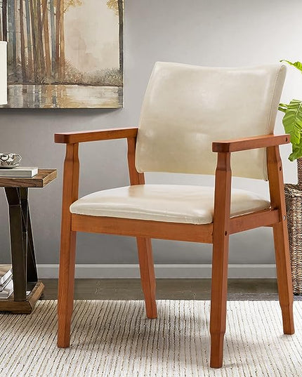 NOB Mid-Century Dining Side Chair with Faux Leather Seat in Beige, handrail Chair - LeafyLoom