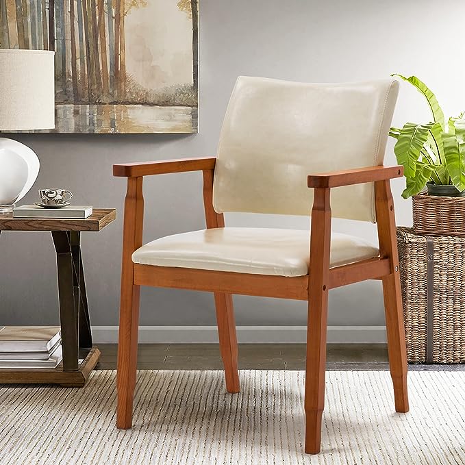 NOB Mid-Century Dining Side Chair with Faux Leather Seat in Beige, handrail Chair - LeafyLoom