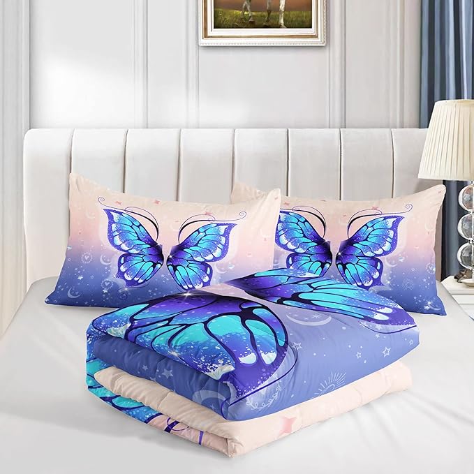 Datura home Bedding Comforter Set Pink Purple Butterfly Printed Pattern Quilt with 1 and 2 Pillowcases for Girls Bedroom All Season(Butterfly Twin) Twin 68x86inches - LeafyLoom