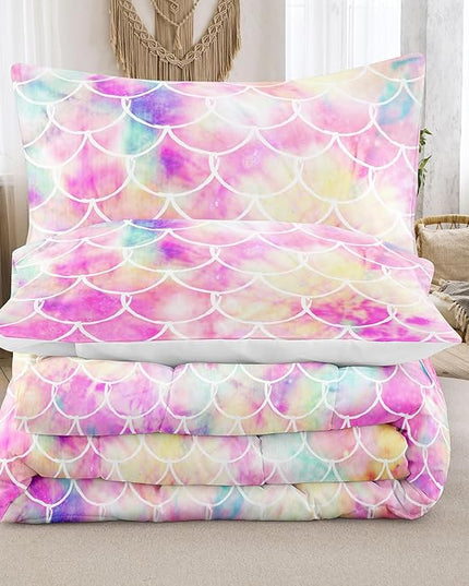 NINENINE Mermaid Comforter Bedding Set,Girls Twin Size Bedding Set,Mermaid Bedding Set,Rainbow Scales Bedding Sets with 1Comforter 1Pillowcase - LeafyLoom