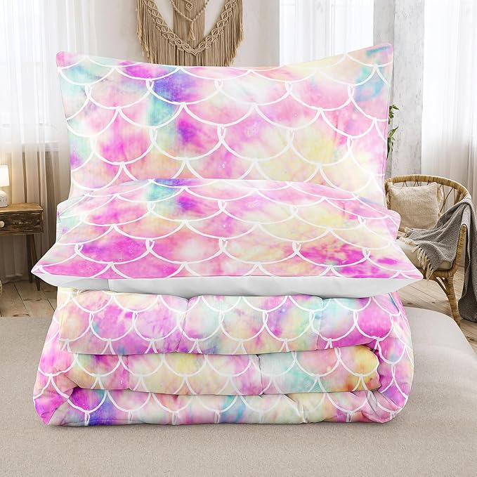 NINENINE Mermaid Comforter Bedding Set,Girls Twin Size Bedding Set,Mermaid Bedding Set,Rainbow Scales Bedding Sets with 1Comforter 1Pillowcase - LeafyLoom
