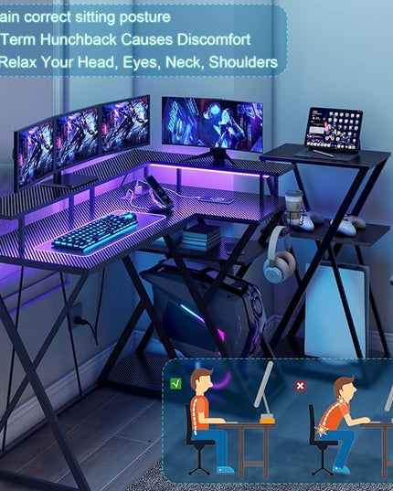 47 Inch L Shaped Gaming Desk L Desk Gaming Desk with Led Lights Computer Desk with Power Outlets Gaming Table Corner Desk for Bedroom Small Desk for Home Office,Black - LeafyLoom