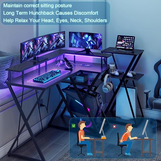 47 Inch L Shaped Gaming Desk L Desk Gaming Desk with Led Lights Computer Desk with Power Outlets Gaming Table Corner Desk for Bedroom Small Desk for Home Office,Black - LeafyLoom