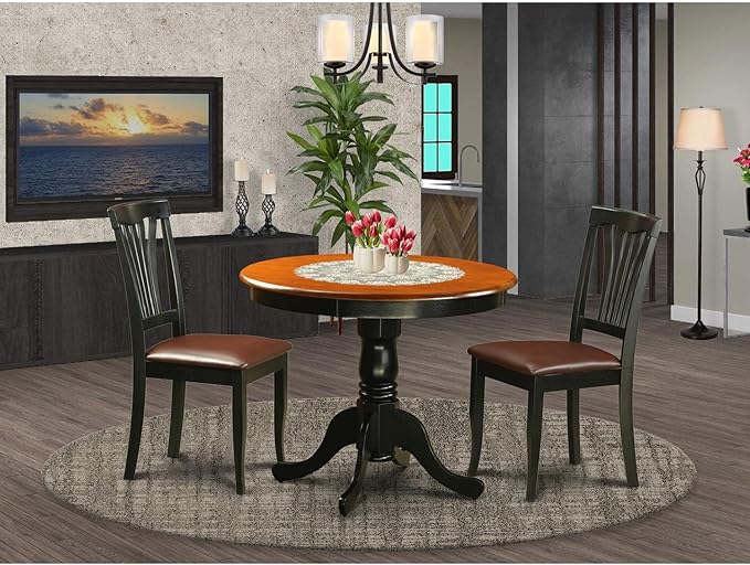 East West Furniture ANAV3-BLK-LC 3 Piece Room Furniture Set Contains a Round Kitchen Table with Pedestal and 2 Faux Leather Upholstered Dining Chairs, 36x36 Inch - LeafyLoom