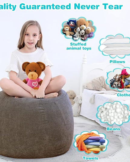 Stuffed Animal Storage Bean Bag Chair Cover (No Filler) for Kids .Soft Premium Corduroy Stuffable Beanbag for Organizing Children Plush Toys or Memory Foam Small 100L (Warm Grey) - LeafyLoom