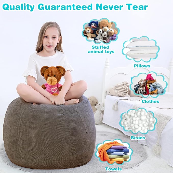 Stuffed Animal Storage Bean Bag Chair Cover (No Filler) for Kids .Soft Premium Corduroy Stuffable Beanbag for Organizing Children Plush Toys or Memory Foam Small 100L (Warm Grey) - LeafyLoom