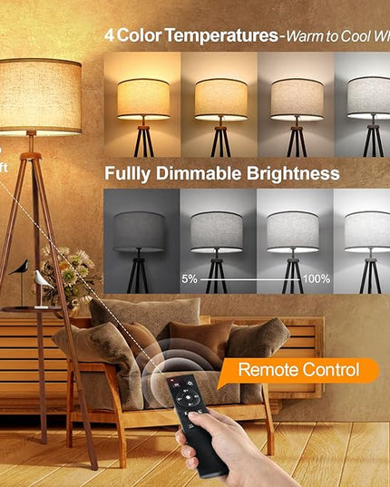 OUTON Wood Tripod Floor Lamp with Shelves, Mid Century LED Modern Dimmable Floor Lamp with Remote Control, Sturdy Tall Standing Lamp with Beige Linen Texture Shade for Living Room, Bedroom, Office - LeafyLoom