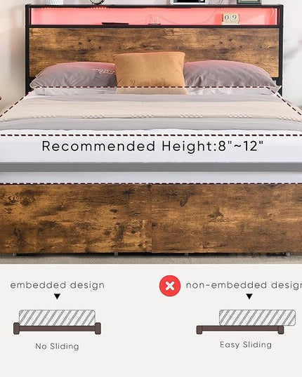 LED Bed Frame Full Size with LED Lights, USB Ports & Outlets, Full Bed Frame with Storage Headboard, Two Drawers, Industrial Style Platform Bed with Wooden Headboard, Metal Slats Supports - LeafyLoom