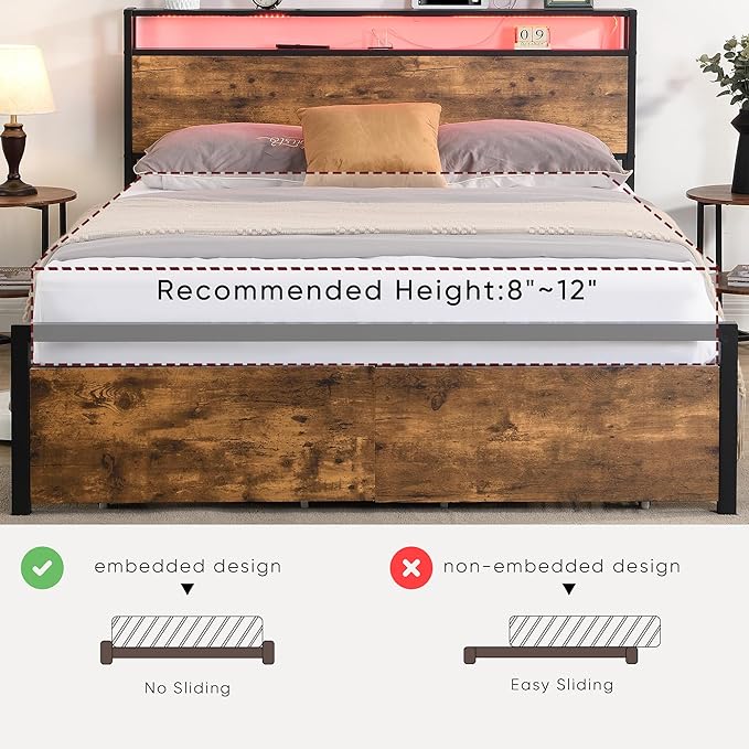 LED Bed Frame Full Size with LED Lights, USB Ports & Outlets, Full Bed Frame with Storage Headboard, Two Drawers, Industrial Style Platform Bed with Wooden Headboard, Metal Slats Supports - LeafyLoom