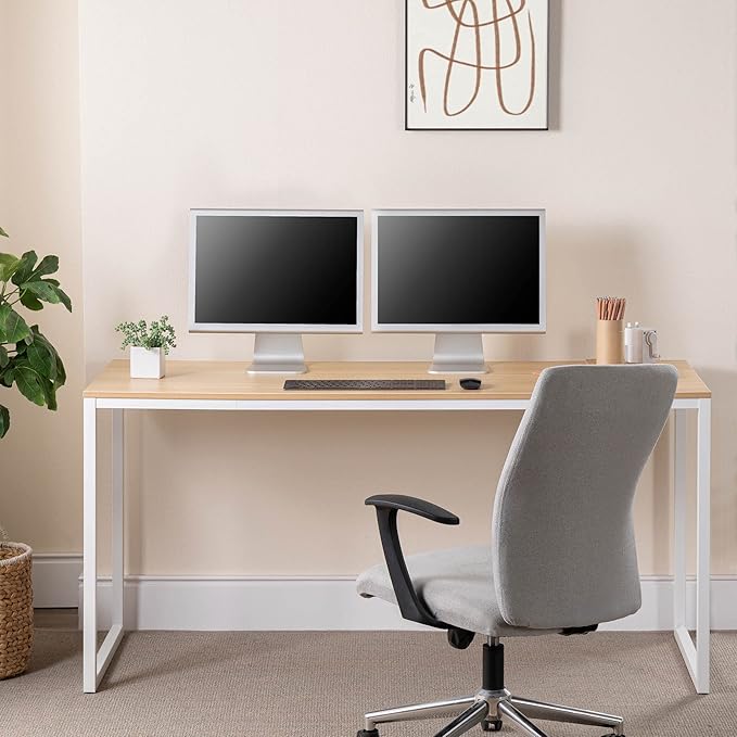 ZINUS Jennifer 63 Inch White Frame Desk / Computer Workstation / Office Desk / Easy Assembly, Natural - LeafyLoom
