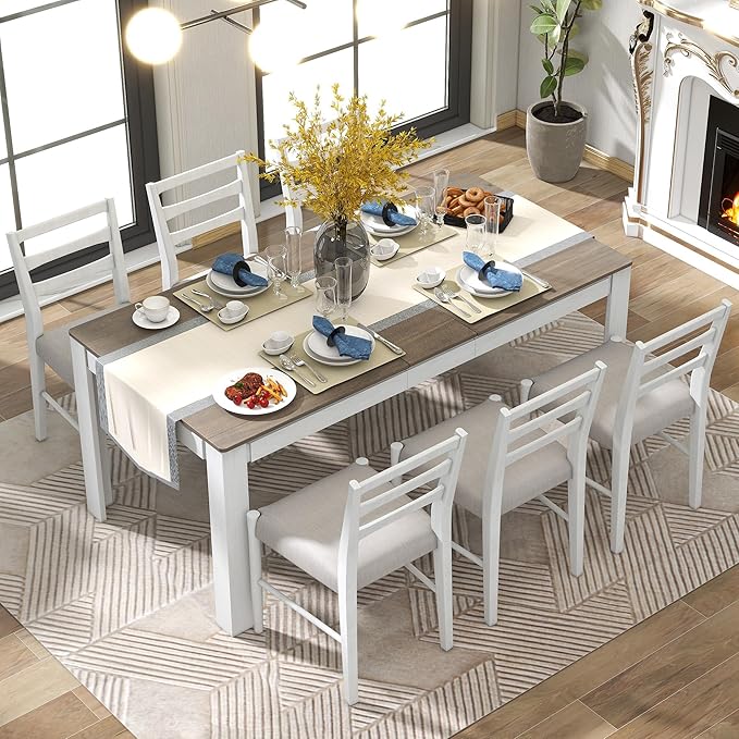 7-Piece Wooden Dinette Sets Mutifunctional Extendable Kitchen Dining Table with 12" Leaf and 2 Drawers, 6 Chairs w/Soft Cushion, for Diningroom Living Room, Easy to Assemble, Brown+White - LeafyLoom