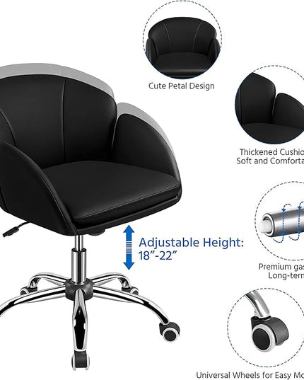 Yaheetech Cute Petal Desk Chair Home Office Swivel Upholstered Leather Makeup Vanity Desk Chair with Armrests for Bedroom Modern Computer Rolling Chair for Women Black - LeafyLoom
