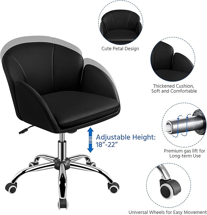 Yaheetech Cute Petal Desk Chair Home Office Swivel Upholstered Leather Makeup Vanity Desk Chair with Armrests for Bedroom Modern Computer Rolling Chair for Women Black - LeafyLoom