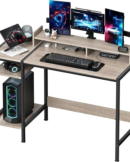 Computer Desk - 39 Inch Home Office Desk with Storage, Gaming Desk with Monitor Stand, Modern Simple Study Table, Adjustable Storage Space, Gray - LeafyLoom
